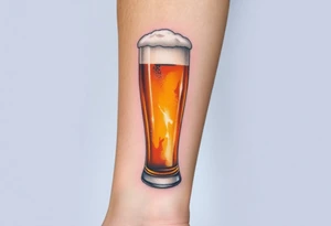 A tall, ice-cold beer glass with a thick white foam head, illuminated by warm amber and honey hues tattoo idea