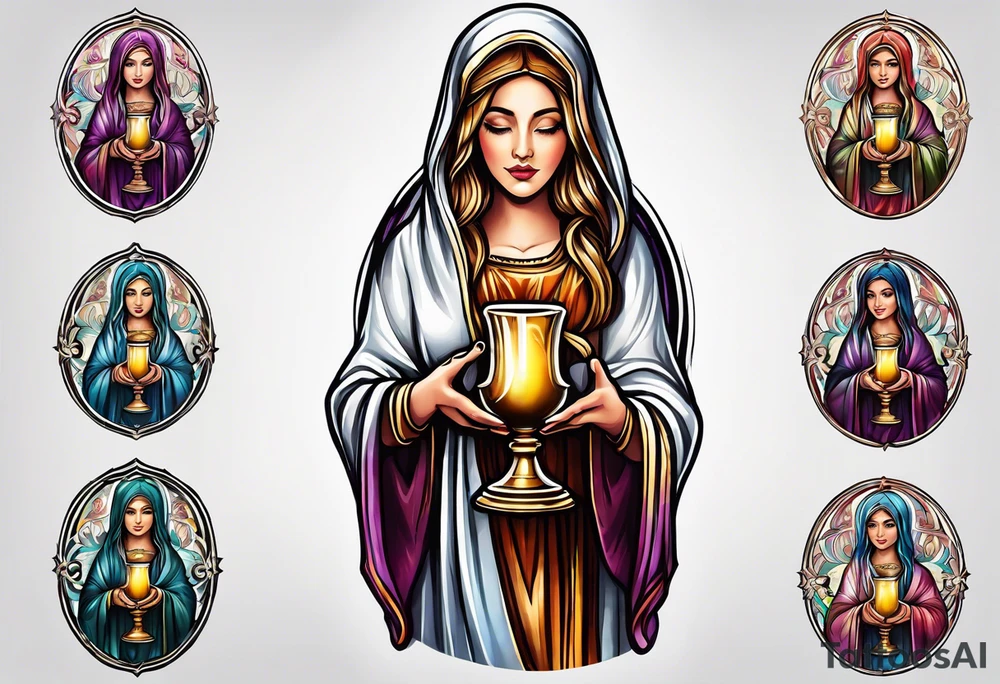 holy saint woman turned away
 holding a chalice tattoo idea