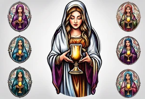 holy saint woman turned away
 holding a chalice tattoo idea