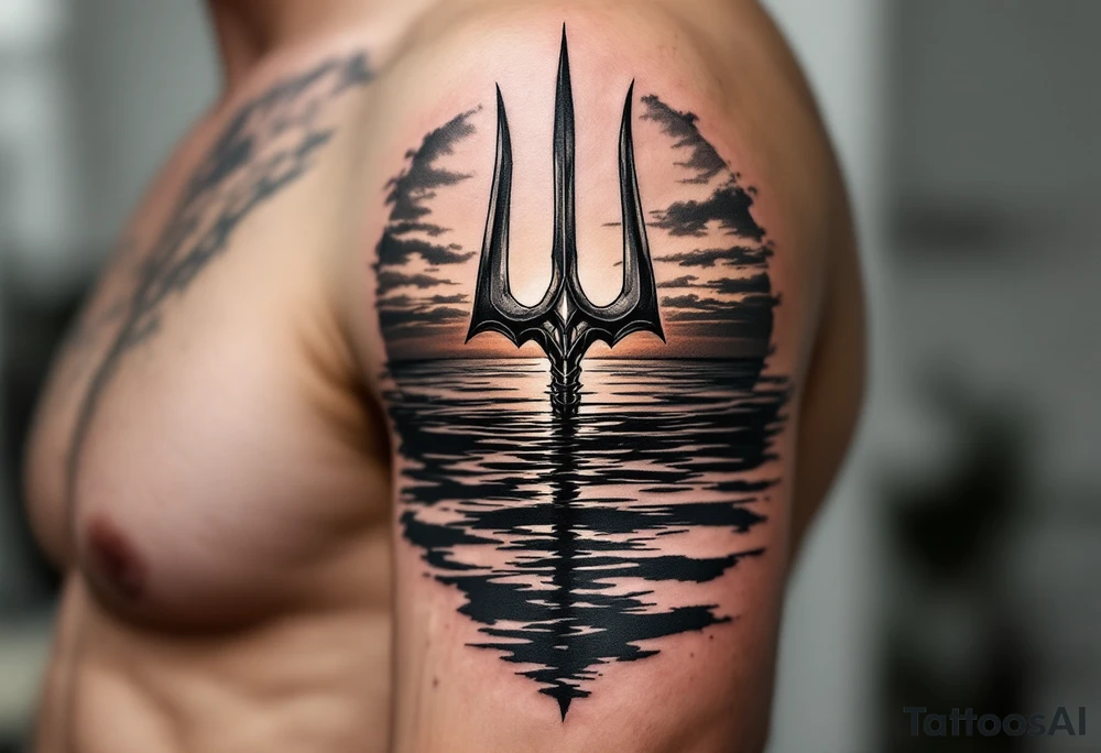 trident half way under calm water at sunset tattoo idea