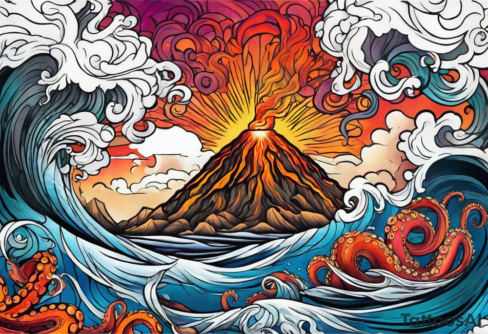 Octopus, volcano eruption tattoo idea