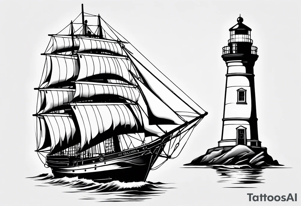 ghost marine lighthouse behind the bow of a sailboat. tattoo idea