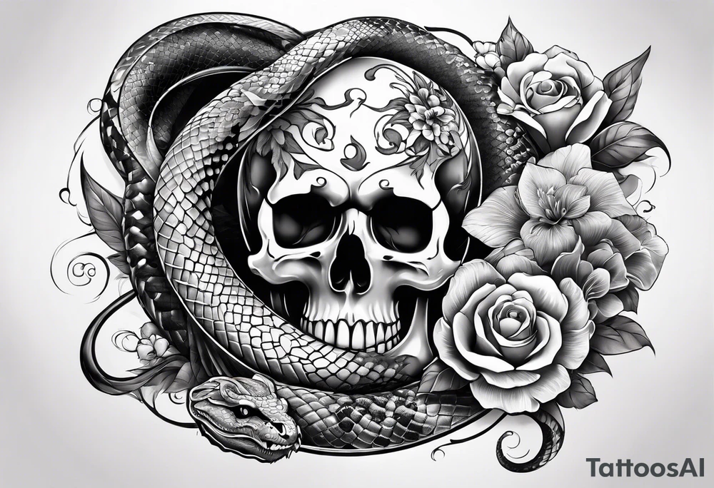 sleeve tattoo with a snake, gun, skull and Japanese designs tattoo idea