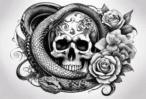 sleeve tattoo with a snake, gun, skull and Japanese designs tattoo idea