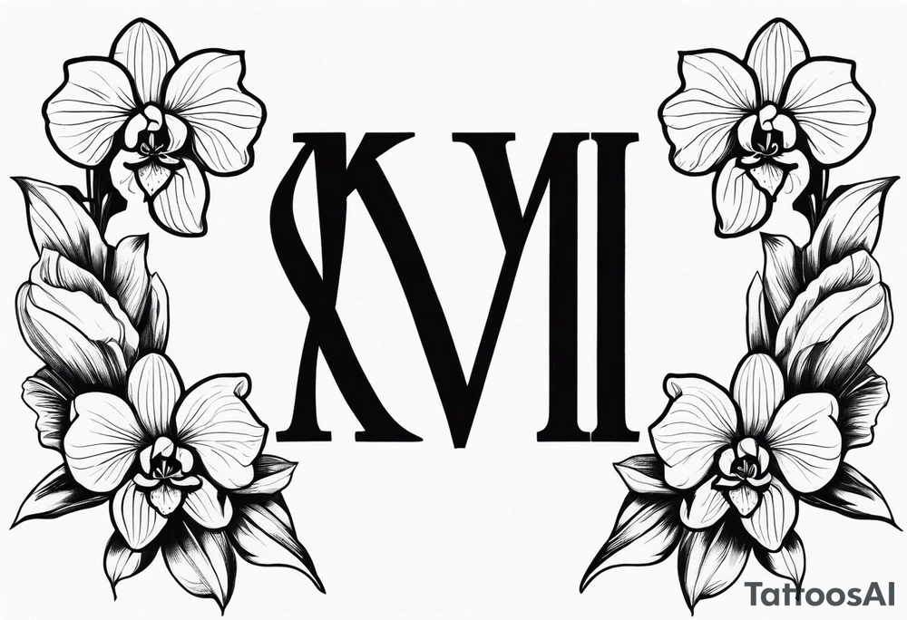 Roman numerals with orchids filled back ground tattoo idea