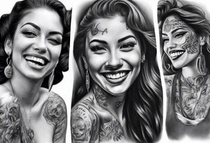 Chicano style woman smiling street photorealism tattoo idea