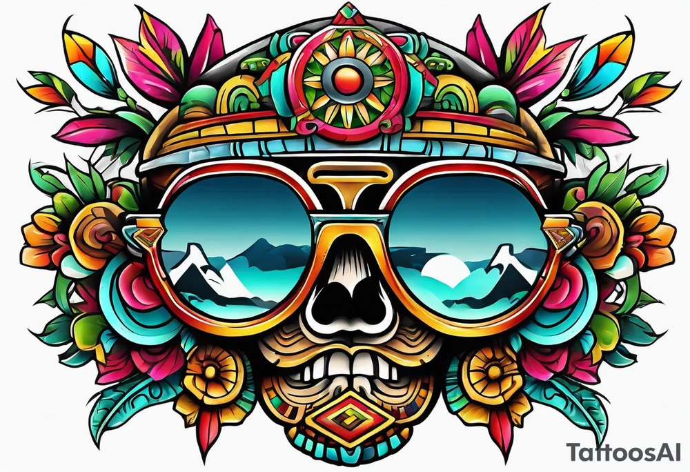 Colorful Mayan theme sunglasses tattoo idea