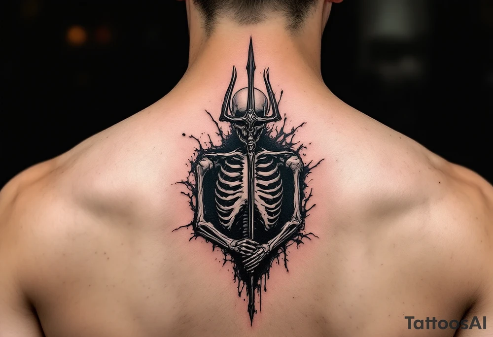 skeleton behind trident coming out of skin effect tattoo idea