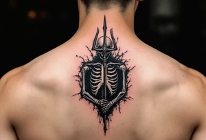 skeleton behind trident coming out of skin effect tattoo idea