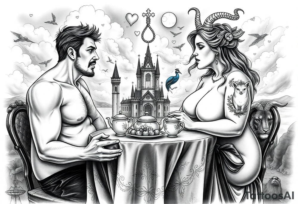 Naked Man and fat woman having sex eating cupcakes and  fruit  having sexy naked fat lady having a tea party with tea pots  with medieval castle  
with mystical  aries a pigs, peacock,  lion, goat, noose and smoking cigerettes looking in the mirror thru storm clouds and broken hearts and darkness and wrath, envy , gluttony, greed, sloth, pride . Gothic tattoo idea