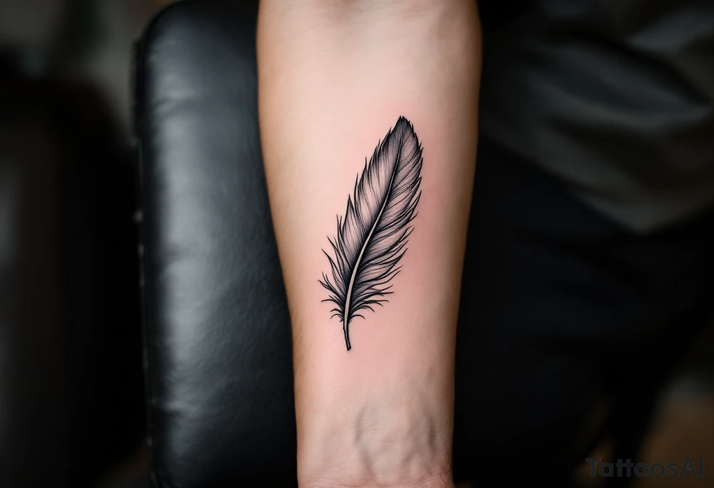 A single soft grey feather drifting down the forearm, capturing the lightness of freedom. tattoo idea