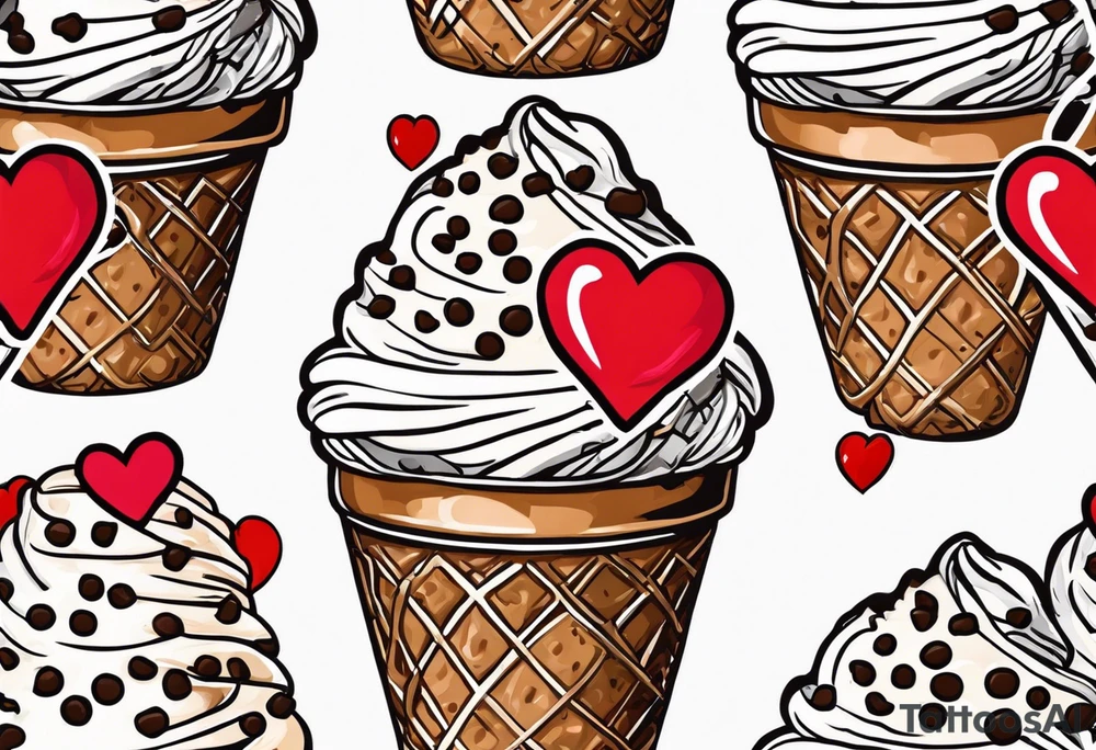 sketch chocolate chip ice cream cone with one red heart tattoo idea
