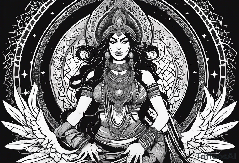 black kali, goddess pirate, alien, angel, pachamama, valkrye, warrior, flying, skull, lotus azul, wing, eagle, zenza resonance, stars, 5D, anahata chakra, death, durga, riding on a tiger, flying lady, kundalini, chest tatoo, rebel tattoo idea