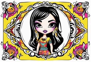 Bratz Doll Flash style Tattoo with black hair and curtain bangs, with a nose ring tattoo idea