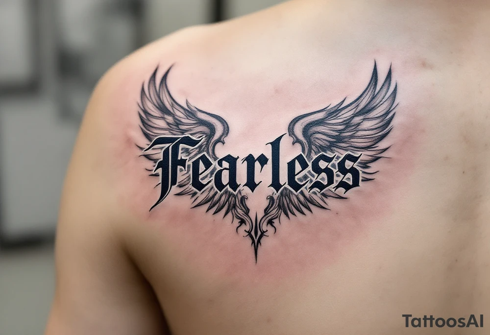 “Fearless” in steel gray Gothic style, flanked by wing motifs in faded charcoal. tattoo idea