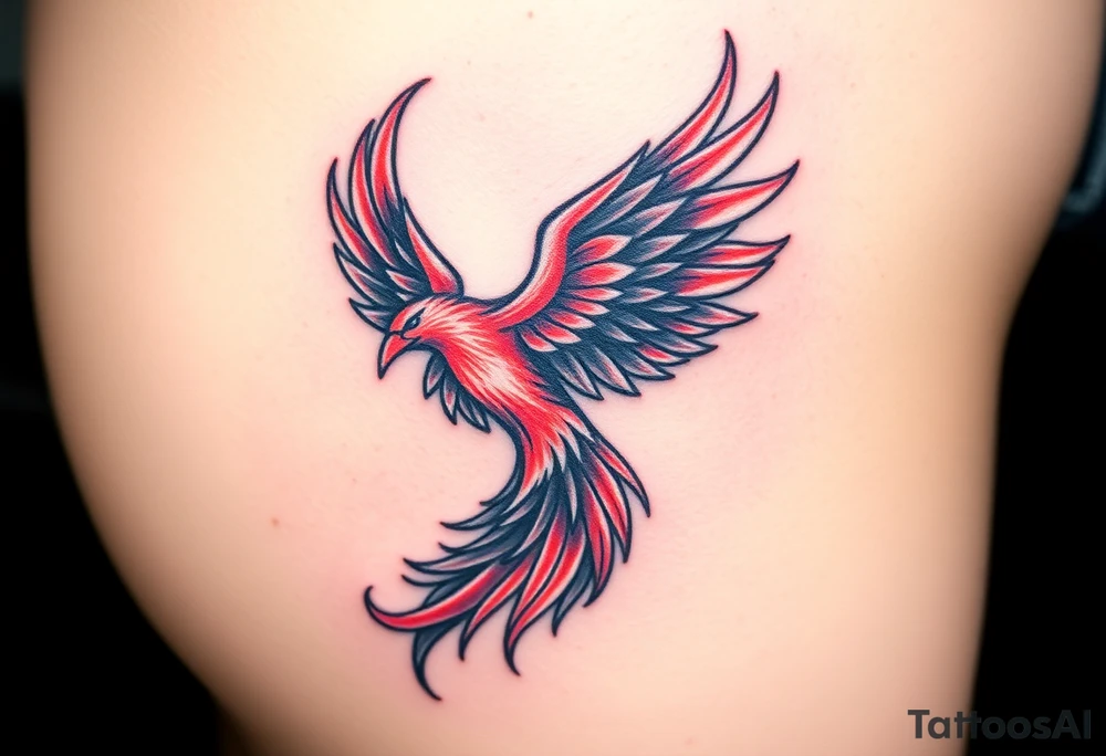 My wife is looking to get a tattoo of a phoenix on her thigh. She wants it beautiful, in color, and potentially flying out of ashes upwards. A quote she likes is "it's time I break my chains and run with the giants" to go with it. So if that gives any new inspiration to it, please be creative and make the best looking tattoo possible! tattoo idea