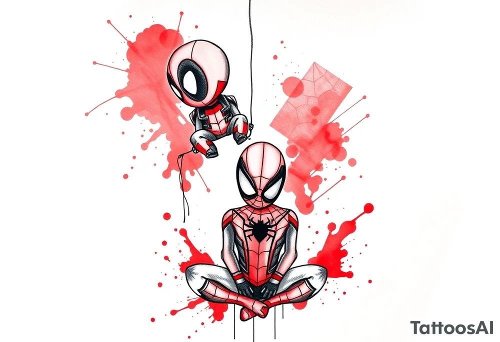 A vertical stacked tattoo design for a half-sleeve on a white background. At the top is a chibi Deadpool character in a bold ink sketch style. At the bottom is a chibi Spider-Man character sitting cross-legged in a loose pencil sketchbook style. High contrast black and grey shading. The two characters are connected by loose, energetic sketch lines and a thin spiderweb thread hanging between them. Dramatic, stylized splashes of bright, vibrant watercolor red ink splatter bursting out around both characters' suits, bleeding into the negative space. Tattoo flash sheet style, crisp linework. tattoo idea