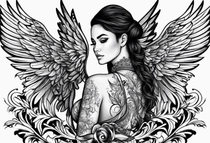 The names Leonie & Yvette with angel wings behind tattoo idea