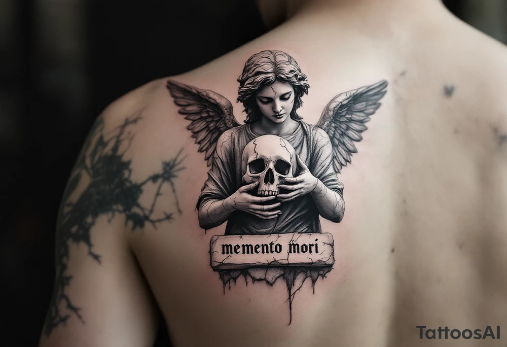 An angel statue cracked and weathered, holding a skull in grayscale, with "memento mori" carved in stone beneath. tattoo idea