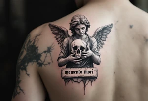 An angel statue cracked and weathered, holding a skull in grayscale, with "memento mori" carved in stone beneath. tattoo idea