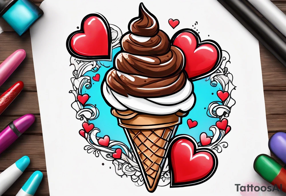 sketch chocolate chip ice cream cone with one red heart tattoo idea