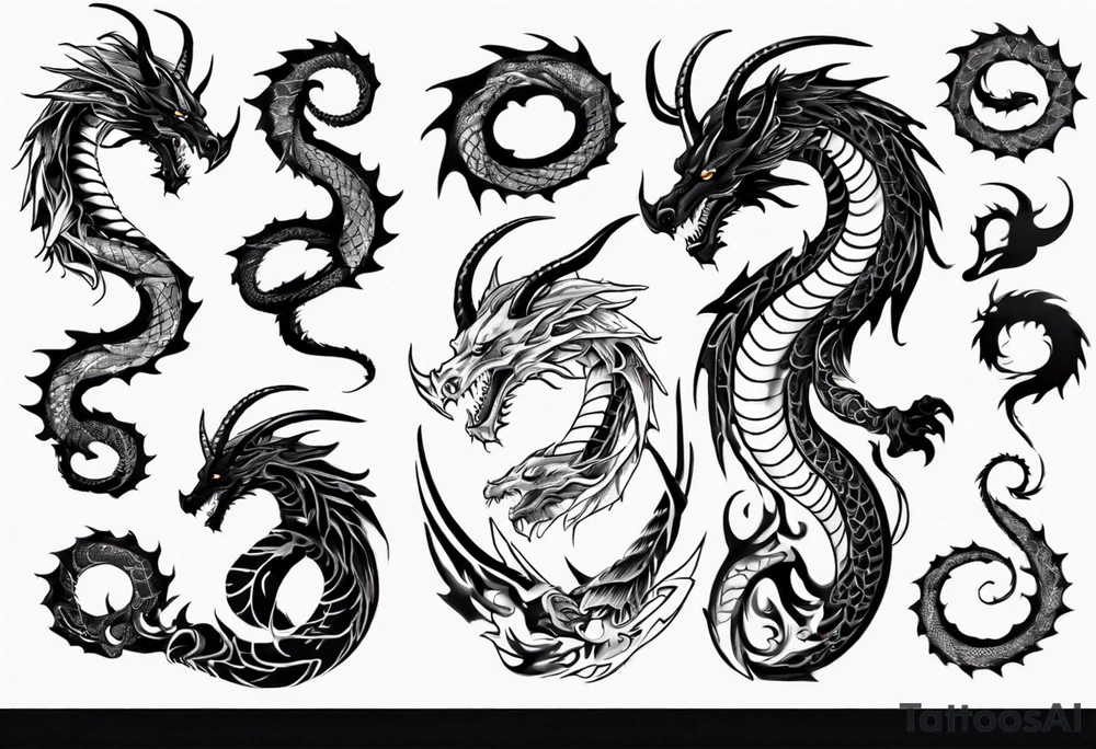 long dragon with horns, mane, scales tattoo idea