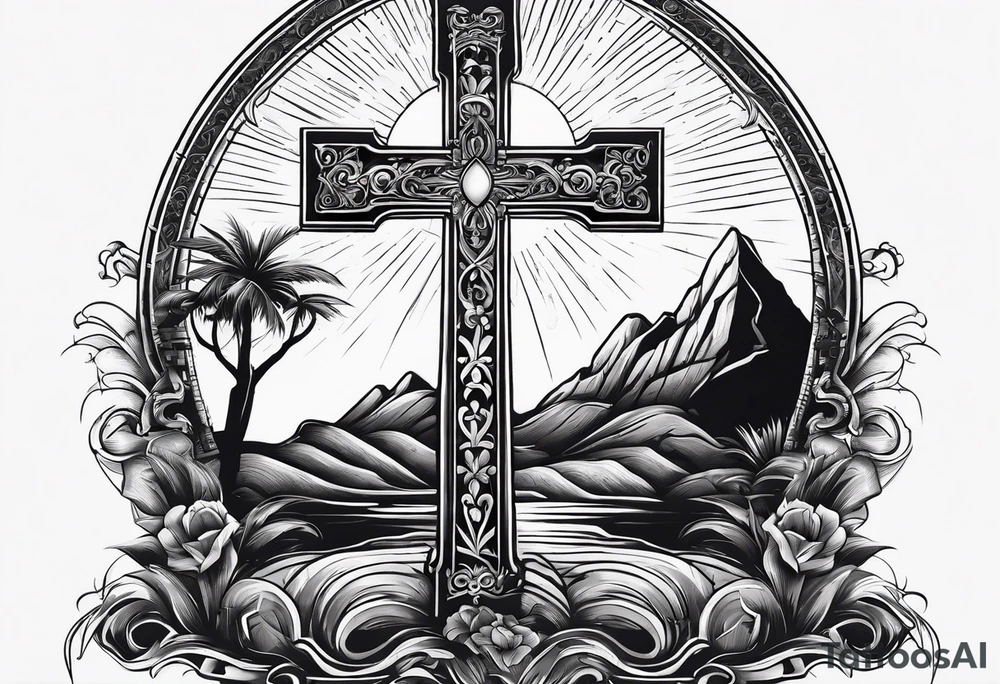 Tomb with cross and sun in the background tattoo idea
