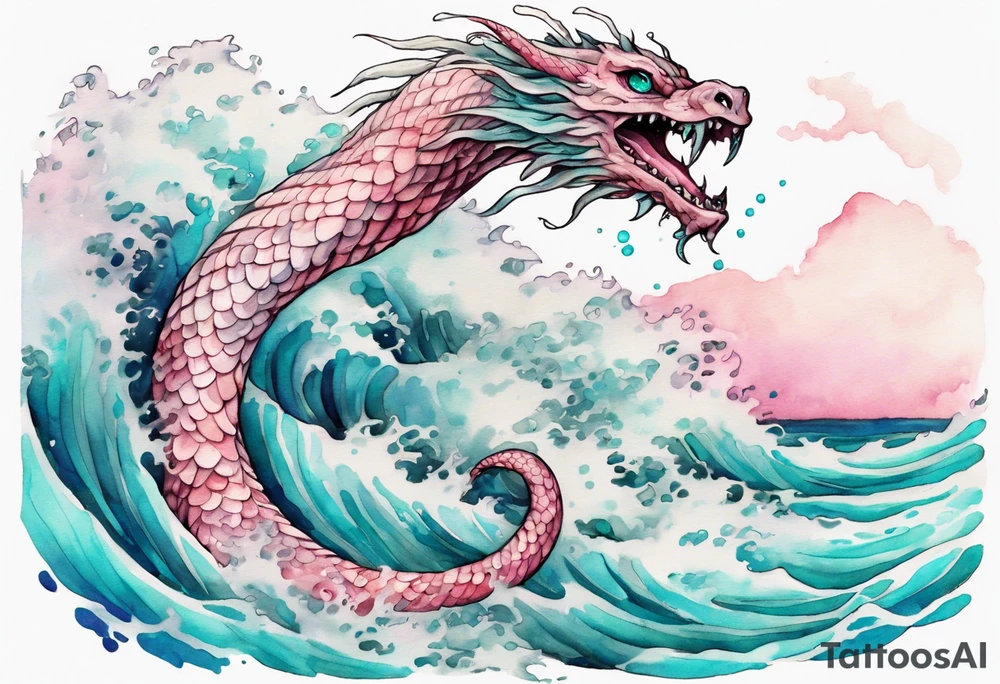 a gentle Falkor sea-serpent hybrid with turquoise and pink scales emerging from the waves tattoo idea