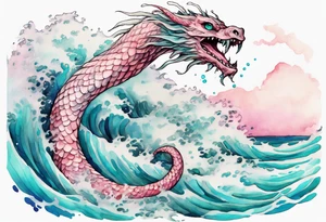 a gentle Falkor sea-serpent hybrid with turquoise and pink scales emerging from the waves tattoo idea