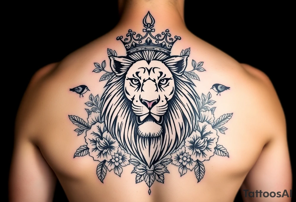 powerful majestic lion with a crown, surrounded by floral ornaments and birds tattoo idea