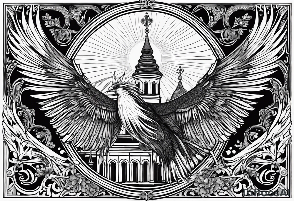 russian firebird in-flight with long fancy tail and 3 small onion cap monastery towers in background, with "Isaiah 43: 18-19" tattoo idea