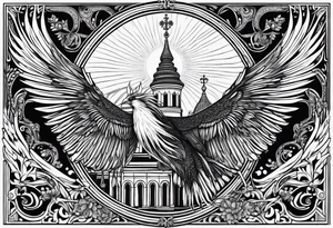 russian firebird in-flight with long fancy tail and 3 small onion cap monastery towers in background, with "Isaiah 43: 18-19" tattoo idea