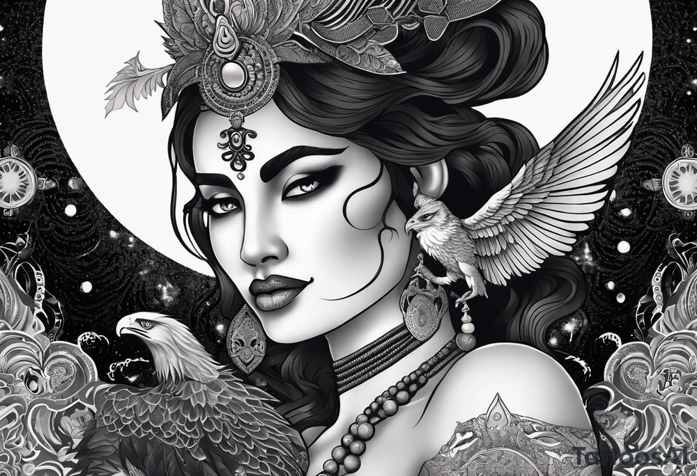 black kali, goddess pirate, alien, angel, pachamama, valkrye, warrior, flying, skull, lotus azul, wing, eagle, zenza resonance, stars, 5D, anahata chakra, death, durga, riding on a tiger, flying lady, kundalini, chest tatoo, samuri, rebel,serpent tattoo idea