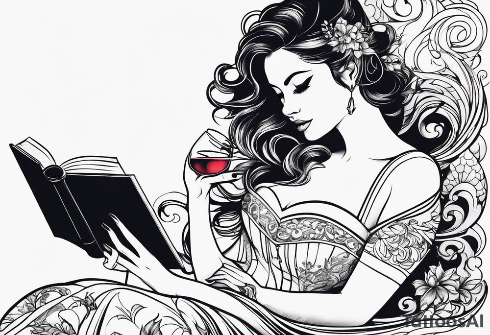 A women drinking wine and reading a book tattoo idea