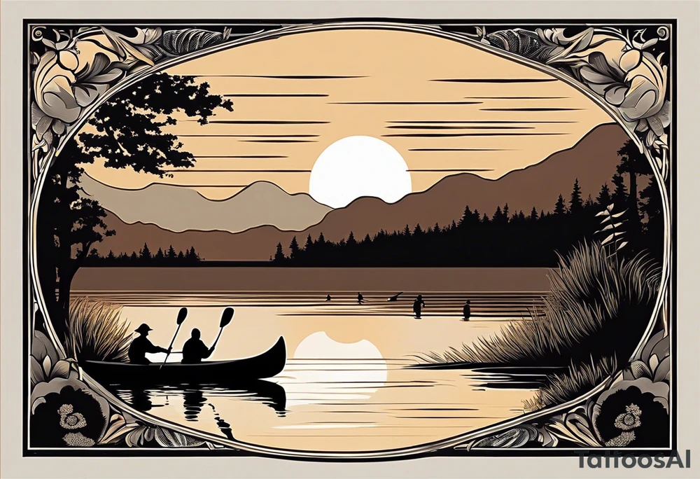 The tattoo design depicts a serene nature scene, framed within a semi-circular border. In the foreground, there are two people sitting in a canoe on a calm lake. They are paddling towards the horizon, with one person sitting at the back of the canoe and the other at the front. The back view of the people suggests a peaceful and contemplative moment shared between them.

In the background, there are majestic mountains with peaks covered in snow, creating a dramatic and picturesque landscape. The mountains are flanked by tall pine trees on either side, adding to the wilderness feel of the scene. Above the mountains, a large sun is either rising or setting, casting a tranquil glow over the entire scene. Birds are flying in the sky, adding to the sense of freedom and natural beauty.

The entire scene is rendered in a minimalist, black and white, line-drawing style, giving it a clean and elegant appearance. The semi-circular frame around the design focuses attention on the central elements and adds a sense of completeness to the image. black and white tattoo idea
