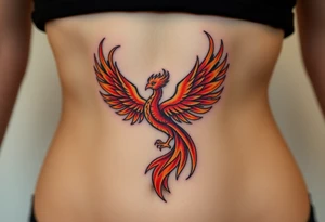 large fiery phoenix surrounded by fire. with a crown of fire flapping wings with a flaming tail tattoo idea