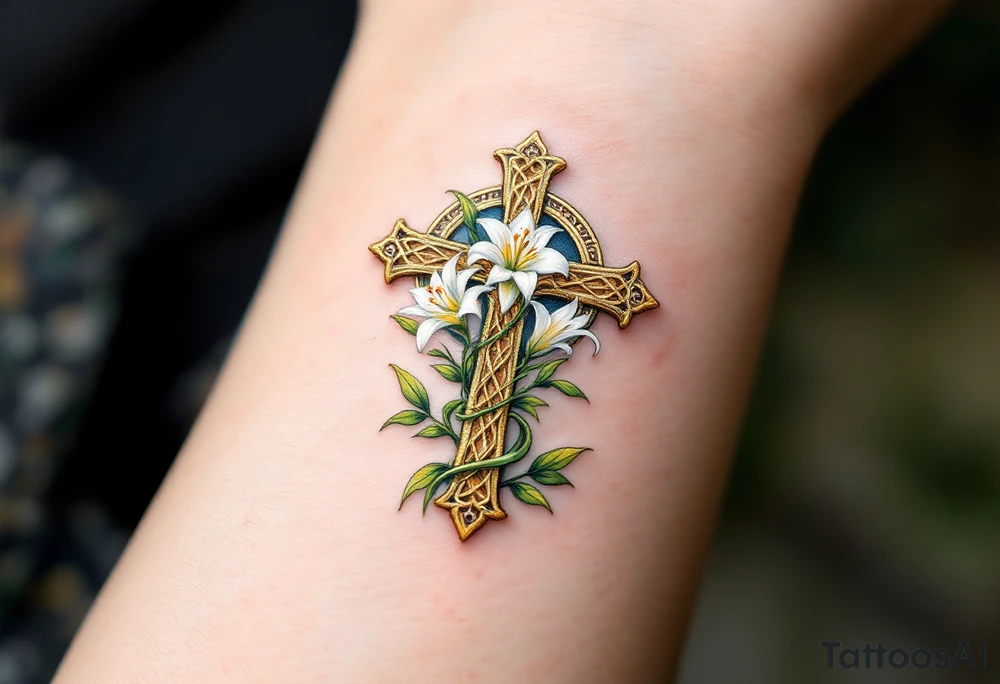A golden Celtic cross with delicate white lilies blooming from its base, representing purity and divine love. tattoo idea