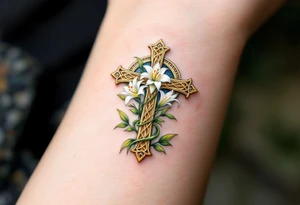 A golden Celtic cross with delicate white lilies blooming from its base, representing purity and divine love. tattoo idea