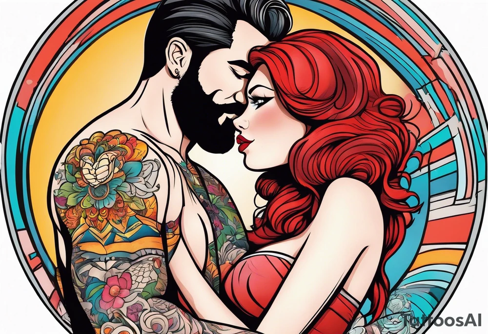 Busty Red haired woman with black haired bearded man tattoo idea