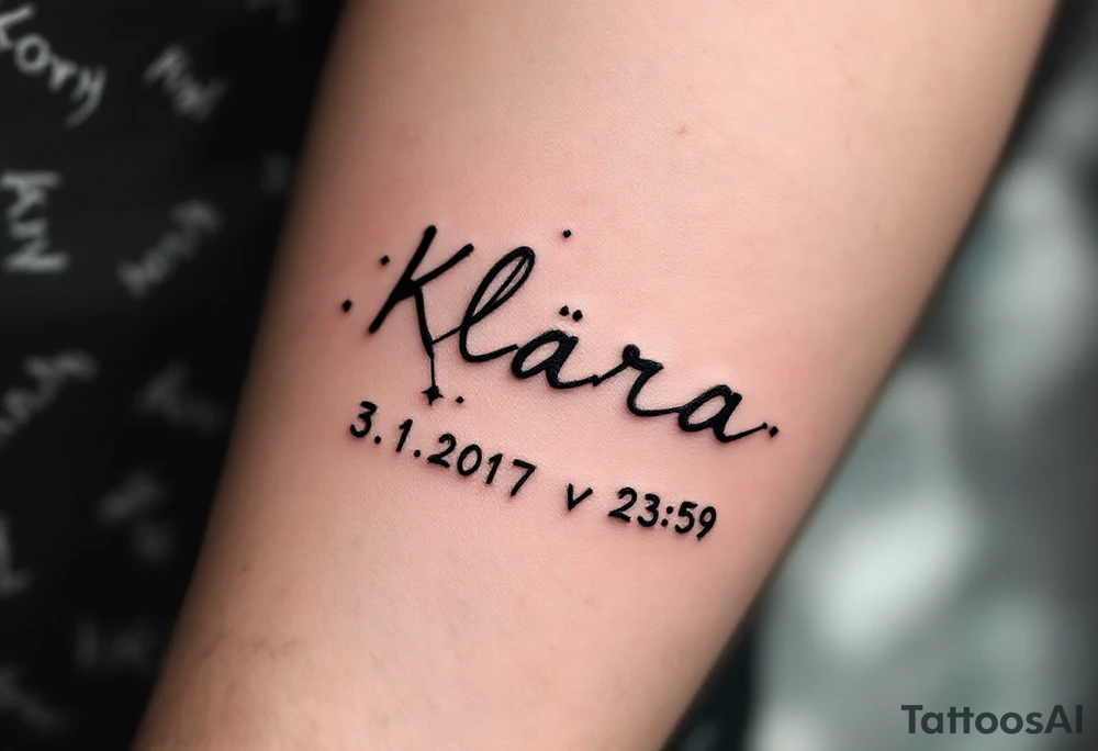 Star constellation style layout spelling "Klára – 3.1.2017 v 23:59", with subtle midnight blue dots. tattoo idea