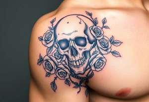 gothic skull intertwined with climbing roses and thorny vines tattoo idea