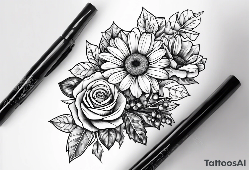 Daisy, rose, holly flower handheld 
bouquet tattoo idea