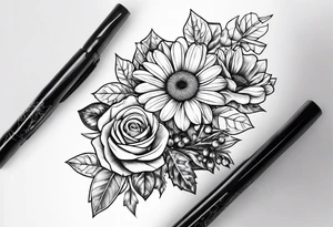 Daisy, rose, holly flower handheld 
bouquet tattoo idea