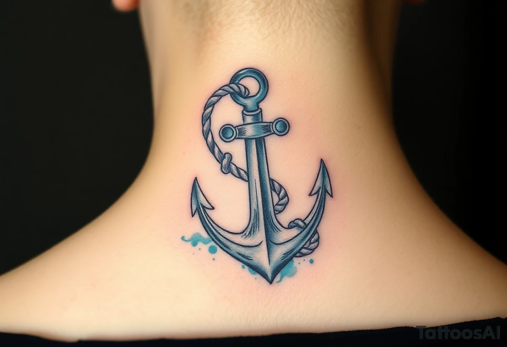 weathered anchor wrapped in nautical rope with sea waves tattoo idea