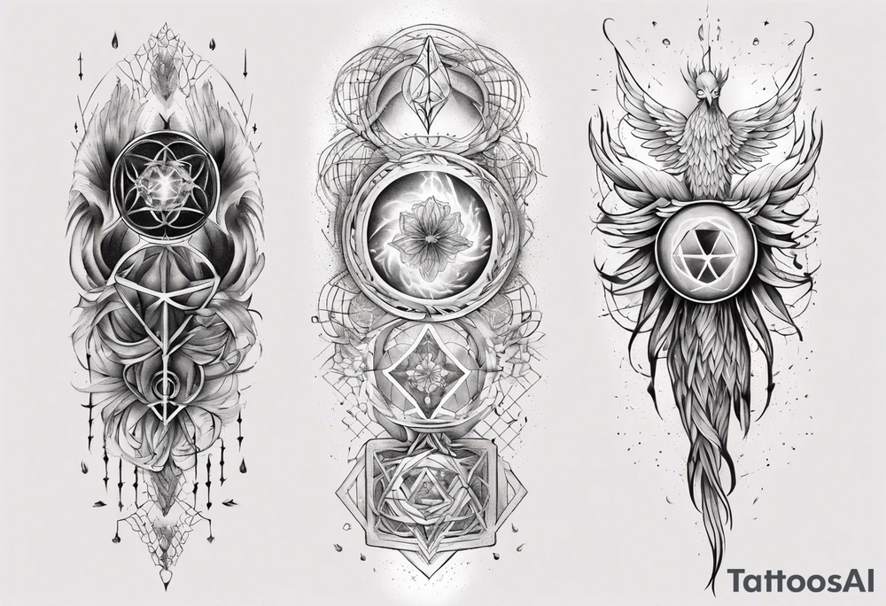 Sleeve for woman's arm phoenix sacred geometry with Metatron's cube tattoo idea