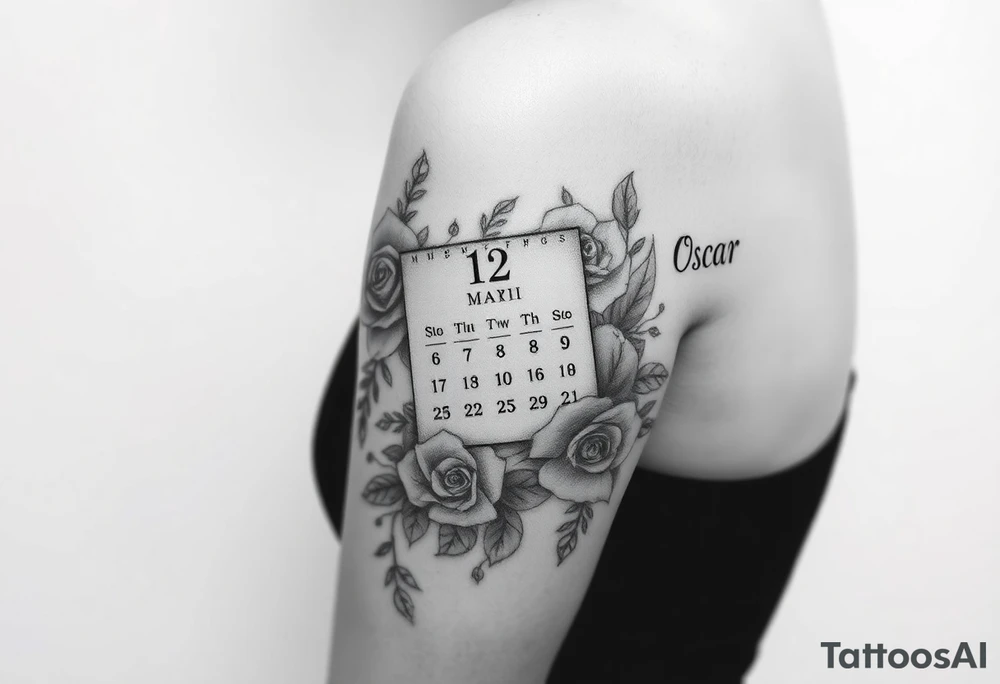 A Calendar showing 12th April with roses and the name oscar tattoo idea