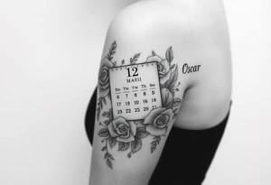 A Calendar showing 12th April with roses and the name oscar tattoo idea