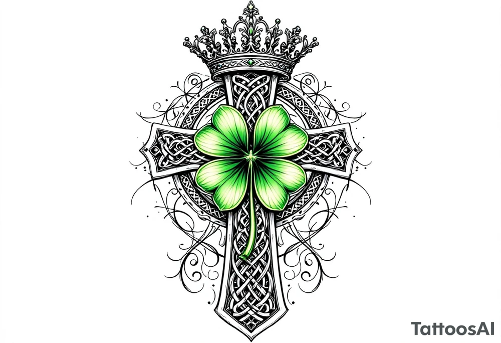 Celtic cross tattoo featuring intricate knotwork patterns along the arms and base of the cross. At the heart of the cross, place a vibrant four-leaf clover, its leaves shaded with subtle gradients of green, symbolizing luck and unity. Above the cross, incorporate a regal crown adorned with ornate details, such as small gemstones or filigree, to signify authority and strength. Behind the cross include a lot of filigree and celtic knots giving a tree of life vibe tattoo idea
