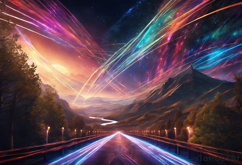 luminous trail that transcends time and space, etched onto your skin. The trail blurs into existence, its edges pulsating with energy. Imagine it as a ribbon of iridescent light, weaving through a cybernetic lattice—a fusion of biomechanics and cosmic velocity. tattoo idea
