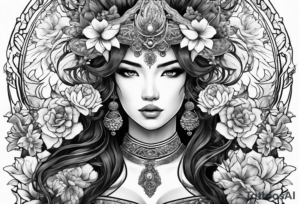 ornate beautiful woman warrior with weapon & floral surrounding tattoo from head to torso tattoo idea
